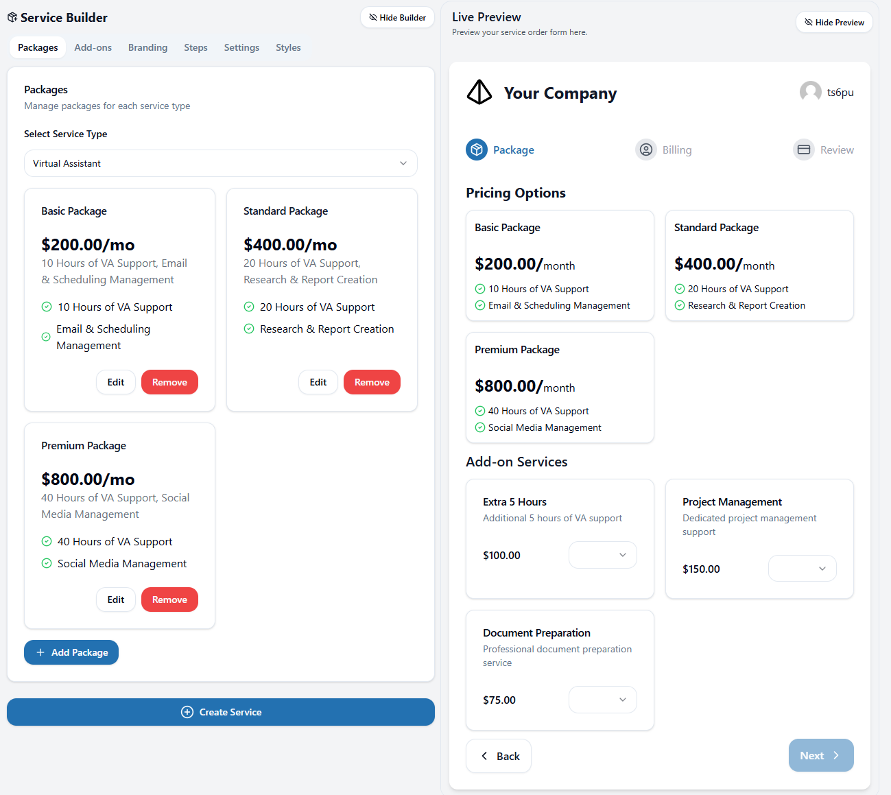 Service Builder Interface