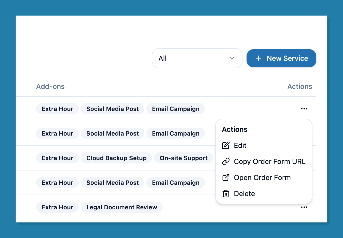 Services List Actions